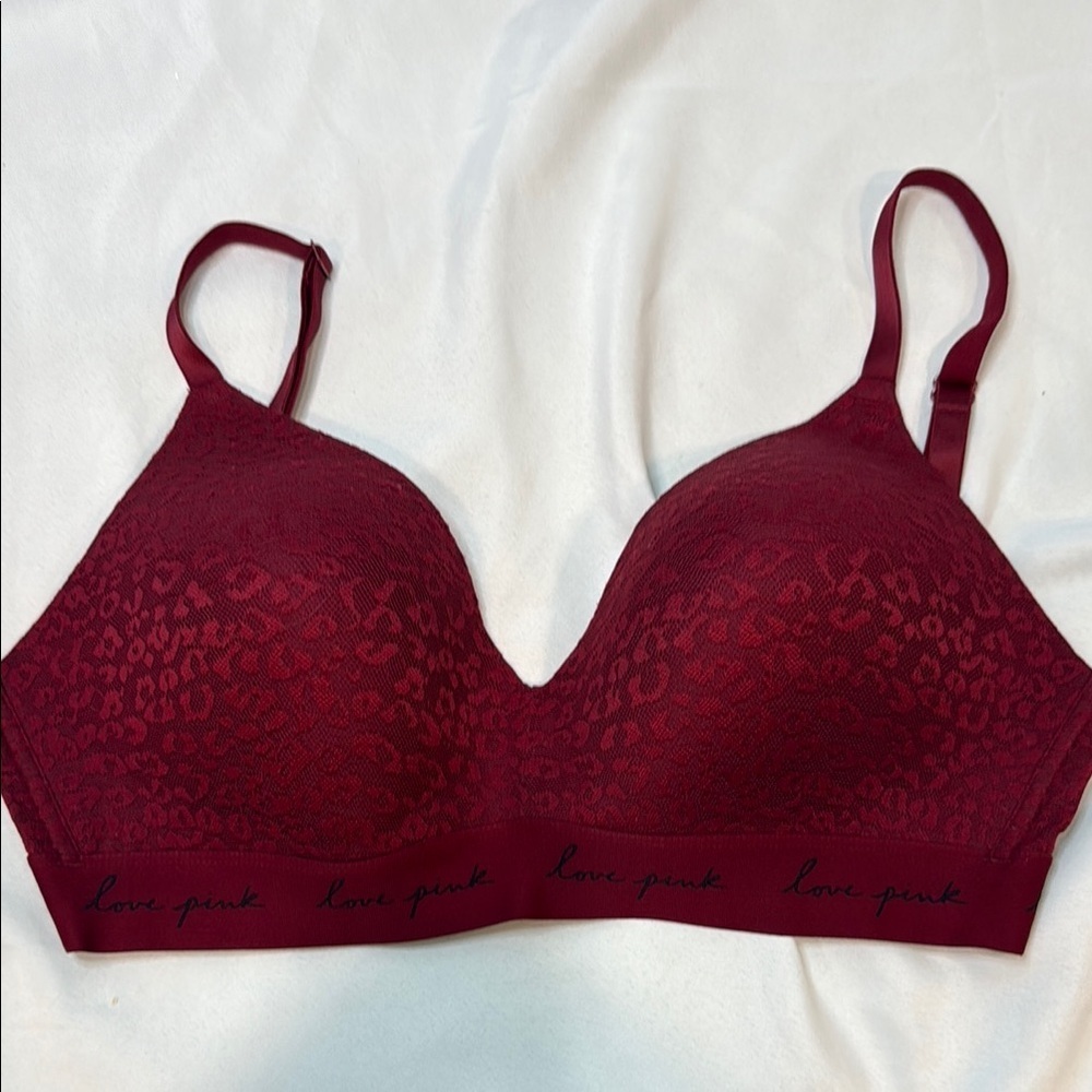 PINK Victoria's Secret Wear Everywhere, Burgundy Lace Animal Print Bra, 36DD